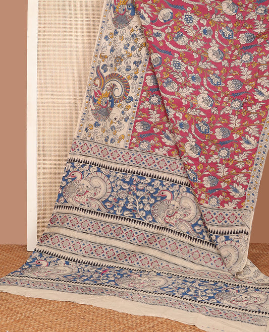 Pink floral vine machine-printed kalamkari cotton saree, contrast floral- peacock printed border & pallu of peacock-geometric print