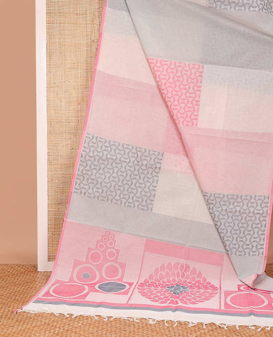 Borderless multi-color jaal patterned gird buttas Coimbatore cotton saree, pallu of geometric motifs