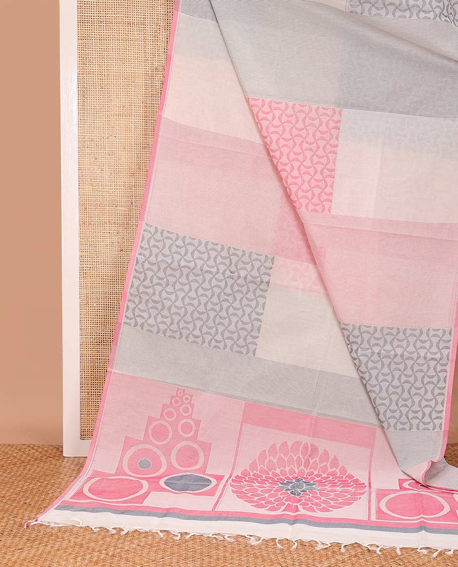 Borderless multi-color jaal patterned gird buttas Coimbatore cotton saree, pallu of geometric motifs