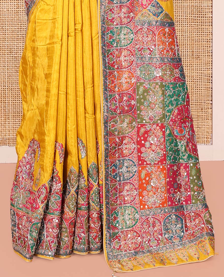 Yellow Plain Dola Silk Saree, Complemented by Contrast Mughal-Style Patterns Print and Embroidered Border, Intricately Designed Pallu, and Paired with a Matching Blouse