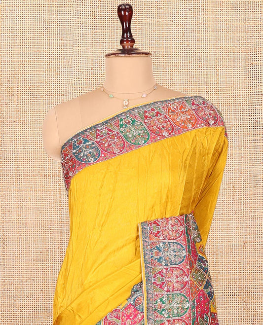 Yellow Plain Dola Silk Saree, Complemented by Contrast Mughal-Style Patterns Print and Embroidered Border, Intricately Designed Pallu, and Paired with a Matching Blouse