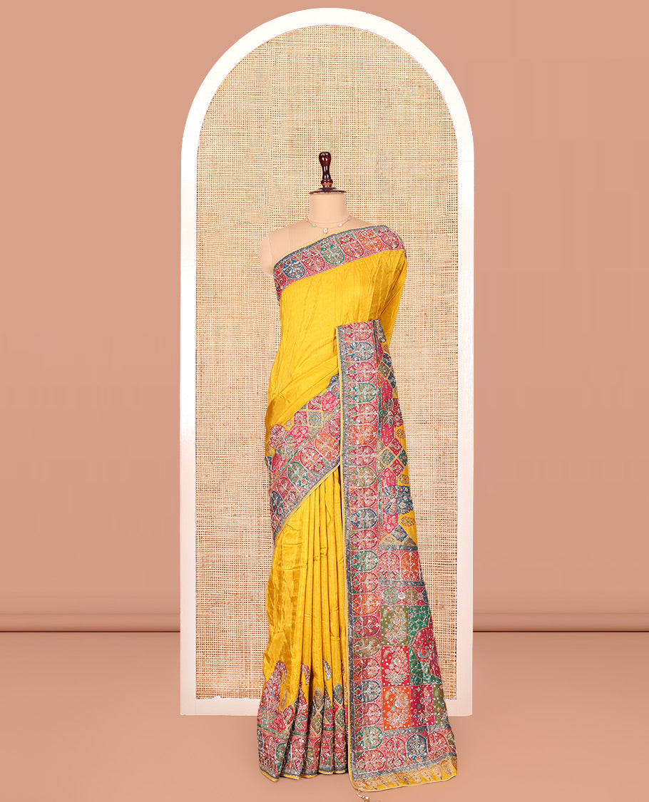 Yellow Plain Dola Silk Saree, Complemented by Contrast Mughal-Style Patterns Print and Embroidered Border, Intricately Designed Pallu, and Paired with a Matching Blouse