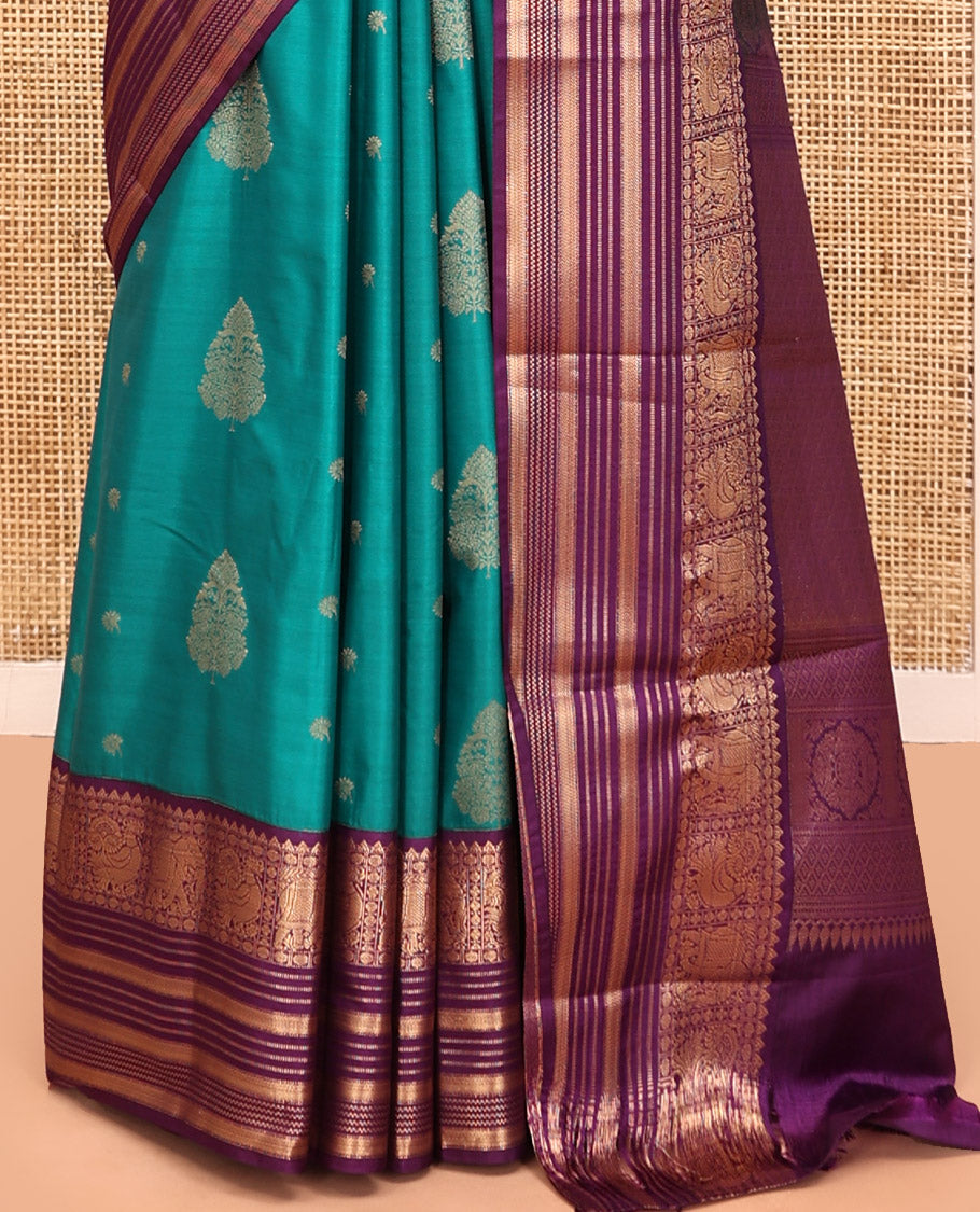 Sapphire Green-Purple Budget Silk Saree, Adorned with Zari Buttas, Complemented by a Contrast Peacock and Elephant Border, Jaal Pallu, and a Contrast Blouse