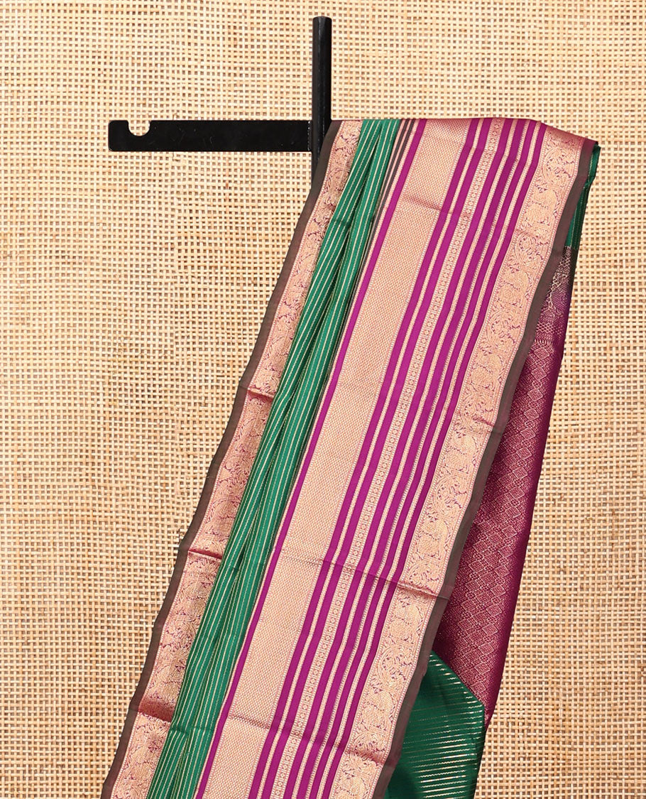 Green-Magenta Vasundhara Silk Saree Features Veldhari and Muthu Stripes, Contrast Border of Muthu,Lavangam,Neli,Mayil Kann, and Mayil, Grand Pallu, and Contrast Blouse