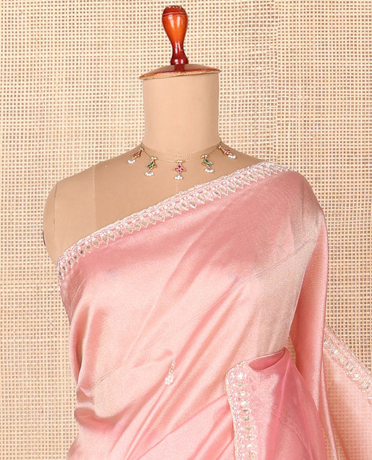 Pink embroidery designer saree, scallop embroidery border & contrast pink leaf-neck embroidered readymade blouse