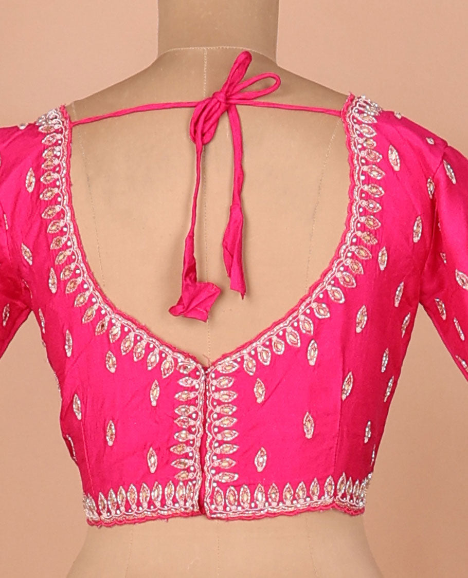 Pink embroidery designer saree, scallop embroidery border & contrast pink leaf-neck embroidered readymade blouse