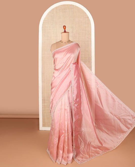 Pink embroidery designer saree, scallop embroidery border & contrast pink leaf-neck embroidered readymade blouse