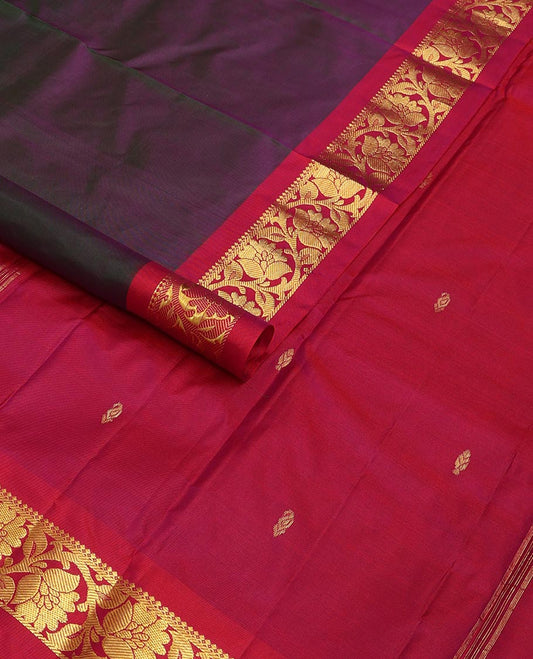 Purple dual-tone Kanchipuram silk saree, contrast border of thilakam mokku,banaras, and kodi visiry, and zari design pallu