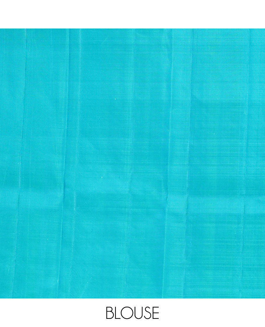 Borderless purple geometric patterned Kanchipuram silk saree, contrast pallu of temple designs