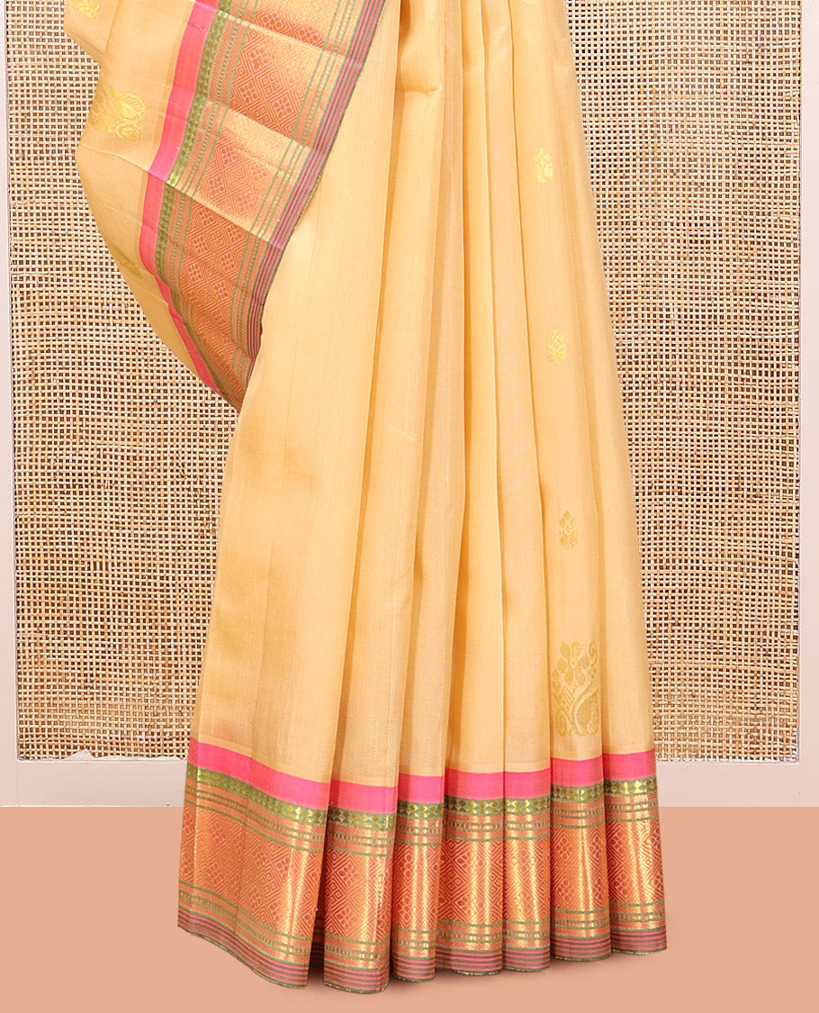 Sandal Kanchipuram Silk Saree, Subtly Woven with Zari Buttas, Complemented by a Contrast Border of Panner Sombu, Banaras, Muthu, and Jaal Design, Zari Design Pallu, and No Blouse