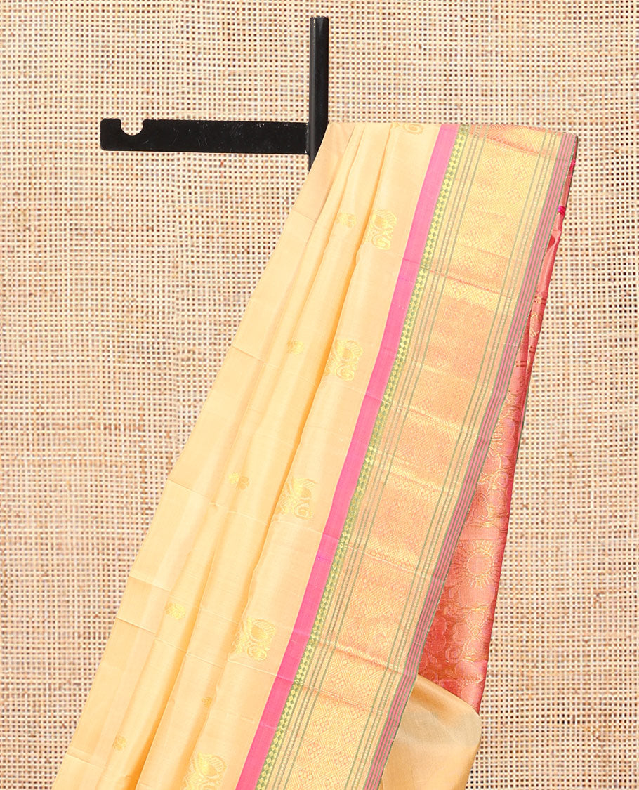 Sandal Kanchipuram Silk Saree, Subtly Woven with Zari Buttas, Complemented by a Contrast Border of Panner Sombu, Banaras, Muthu, and Jaal Design, Zari Design Pallu, and No Blouse