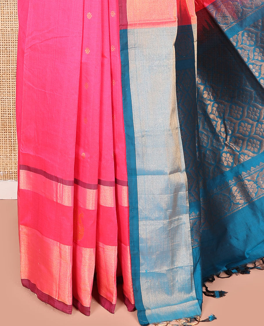 Pink Kuppadam Cotton Saree, Adorned with Floral Buttas All Over Its Body, Complemented by a Bavanji Border, Captivating Contrast Pallu of Ogee Patterns, and Paired with a Contrast Blouse