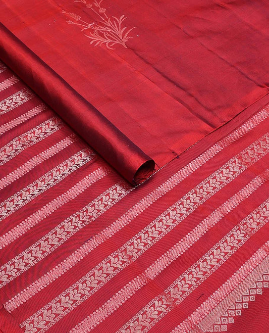 Borderless red zari buttas soft silk saree, zari woven pallu of traditional designs