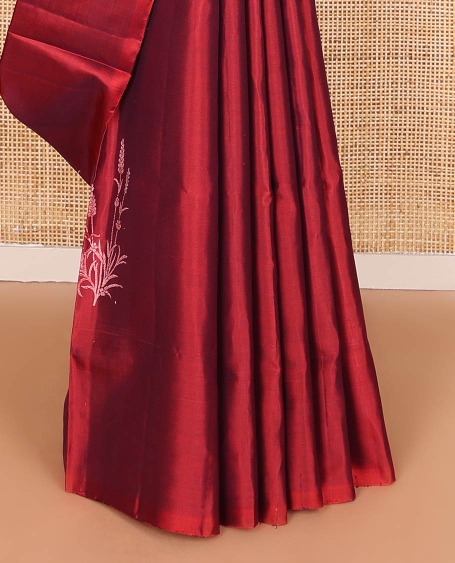 Borderless red zari buttas soft silk saree, zari woven pallu of traditional designs
