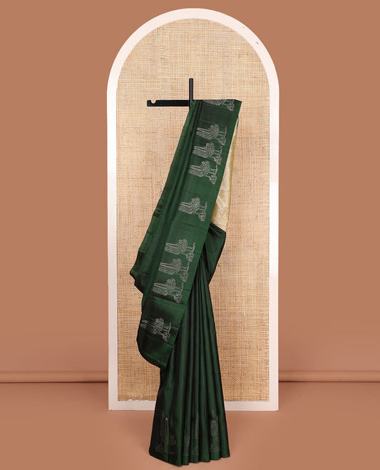 Borderless green tree buttas soft silk saree, contrast intricately designed pallu