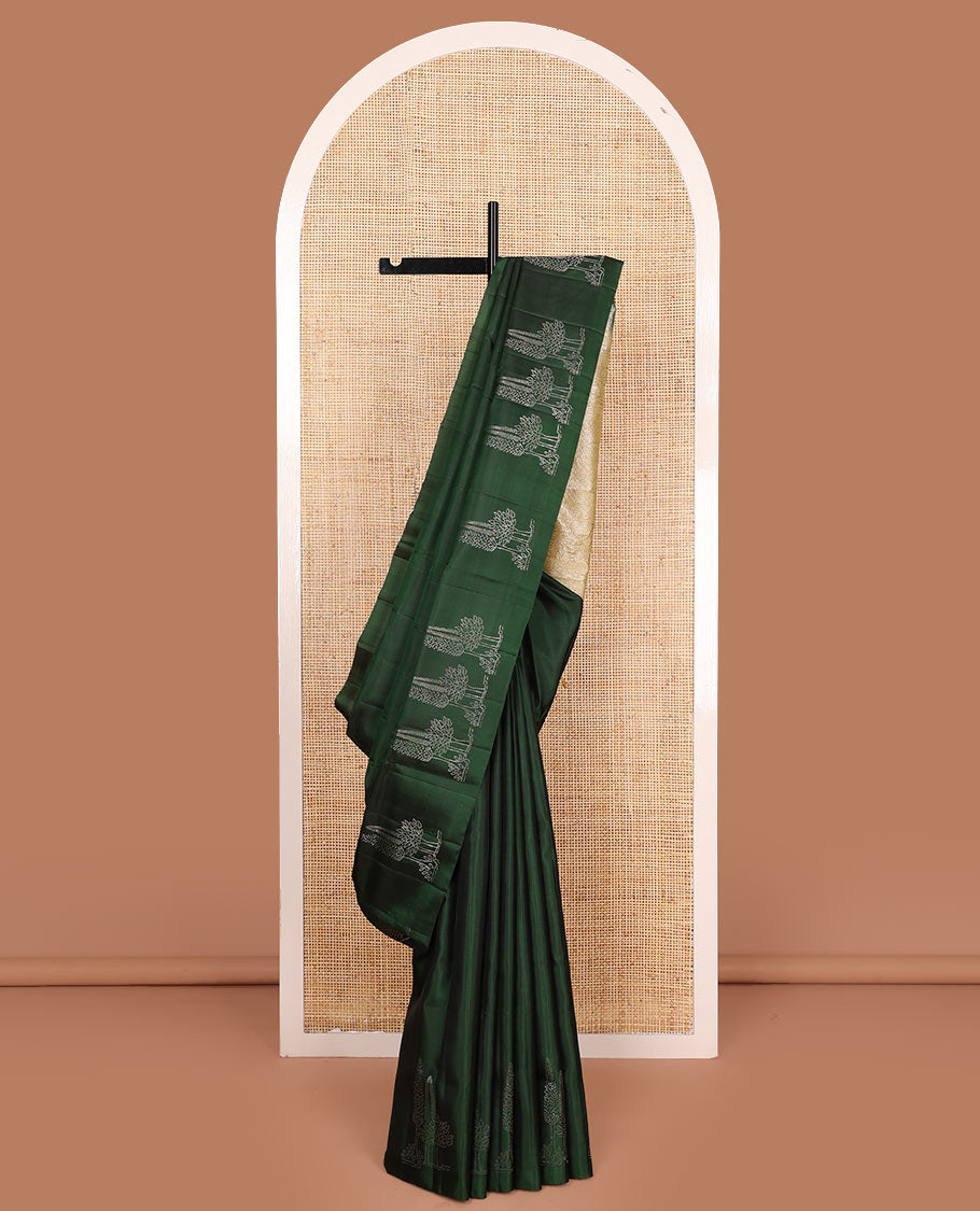 Borderless green tree buttas soft silk saree, contrast intricately designed pallu