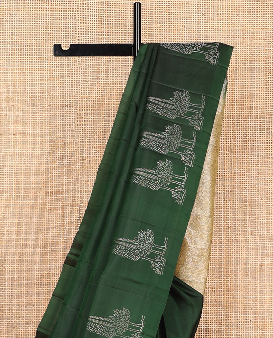 Borderless green tree buttas soft silk saree, contrast intricately designed pallu