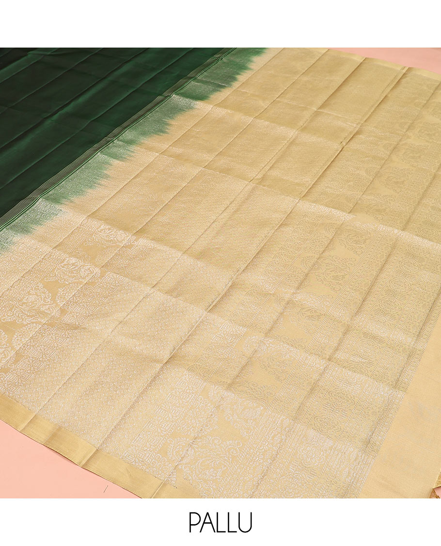 Borderless green tree buttas soft silk saree, contrast intricately designed pallu