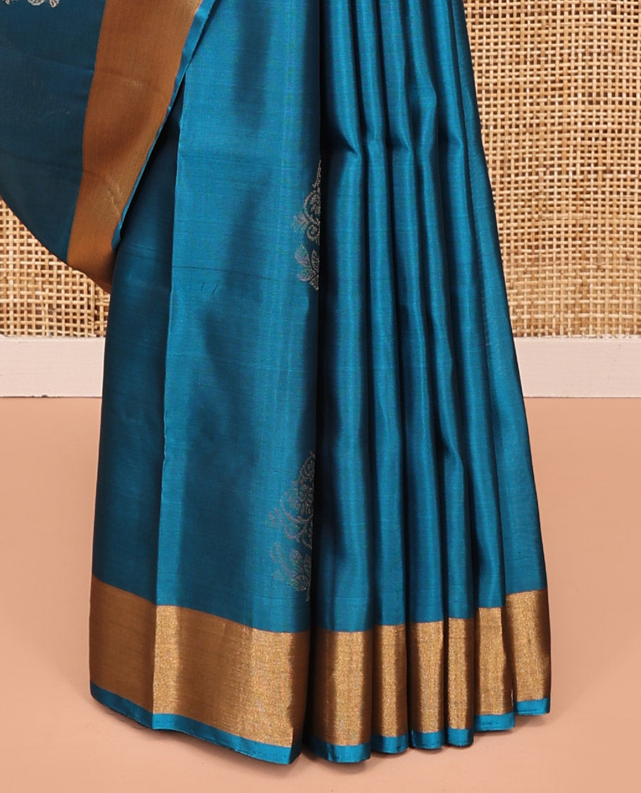Blue Mayuri Lite Silk Mix Saree, Sparsely Woven with Zari Buttas on Its Body, Highlighted by Zari Bavanji Border, Complemented by a Contrast Pallu of Jaal Designs, and Paired with a Contrast Blouse