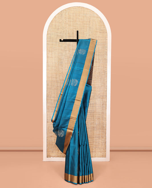 Blue Mayuri Lite Silk Mix Saree, Sparsely Woven with Zari Buttas on Its Body, Highlighted by Zari Bavanji Border, Complemented by a Contrast Pallu of Jaal Designs, and Paired with a Contrast Blouse