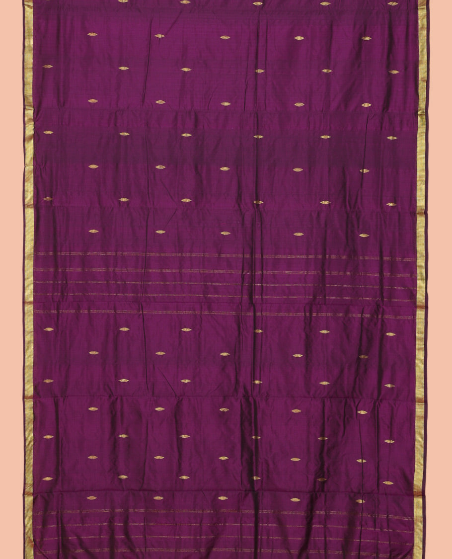 Purple Ten Yard Saree, Adorned with Buttas, a Zari Border, Pallu of Buttas and Stripes, and No Blouse