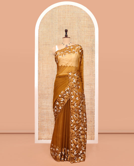 Mustard Plain Organza Saree, a Scalloped Leaf-Motif Thread Embroidery Border, Pallu, and a Matching Embroidered Blouse