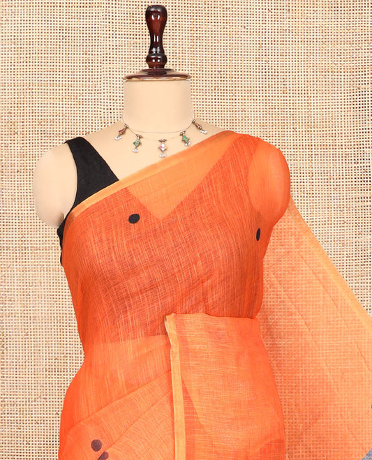 Borderless Orange Linen Cotton Saree, Mesmerised with Polka Dots, a Contrast Checked Pallu, Contrast Blouse