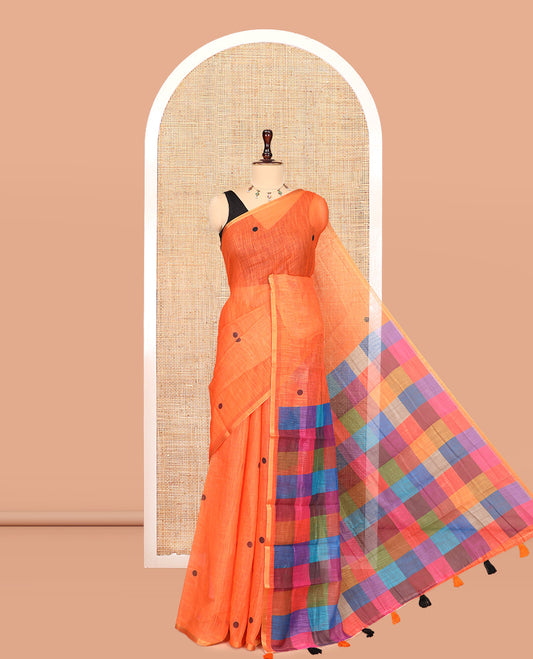 Borderless Orange Linen Cotton Saree, Mesmerised with Polka Dots, a Contrast Checked Pallu, Contrast Blouse