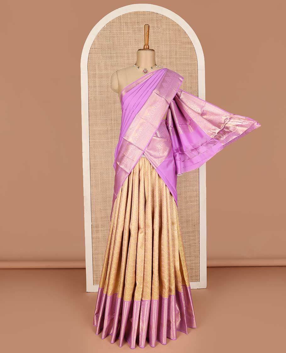 Yellow pure-silk half saree, jacquard with contrast traditional zari bordered skirt, zari design blouse, and zari design dhavani