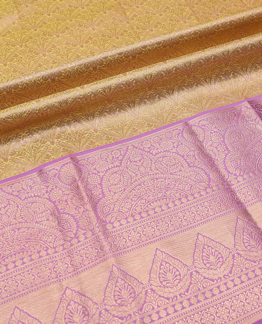 Yellow pure-silk half saree, jacquard with contrast traditional zari bordered skirt, zari design blouse, and zari design dhavani