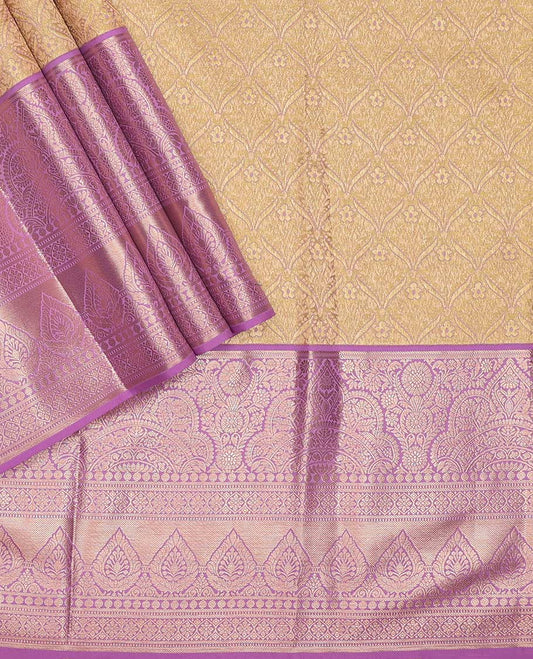 Yellow pure-silk half saree, jacquard with contrast traditional zari bordered skirt, zari design blouse, and zari design dhavani