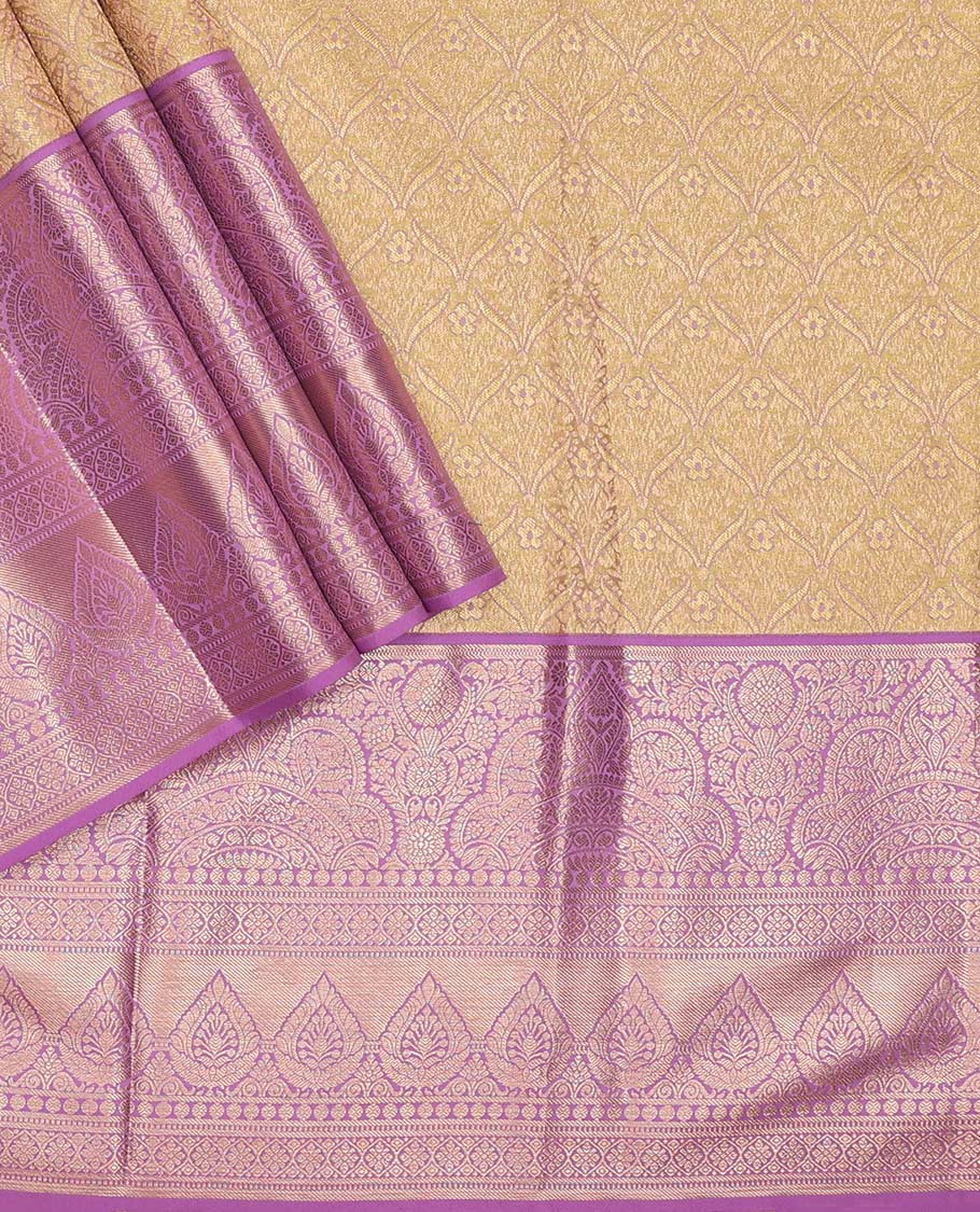 Yellow pure-silk half saree, jacquard with contrast traditional zari bordered skirt, zari design blouse, and zari design dhavani