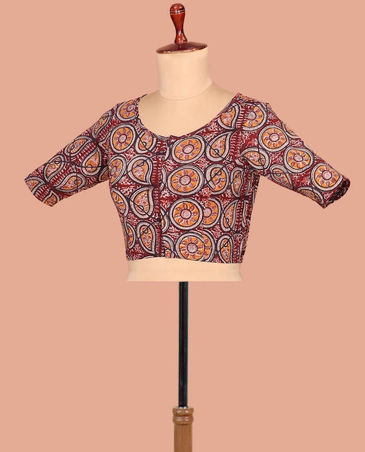 Maroon Cotton Readymade Blouse Ornamented with All-Over Chakram and Paisley Motif Print, Featuring a Front Round Neck, Back Round Neck, and Elbow Sleeves