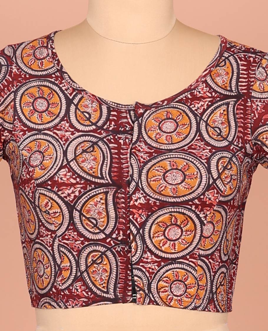 Maroon Cotton Readymade Blouse Ornamented with All-Over Chakram and Paisley Motif Print, Featuring a Front Round Neck, Back Round Neck, and Elbow Sleeves