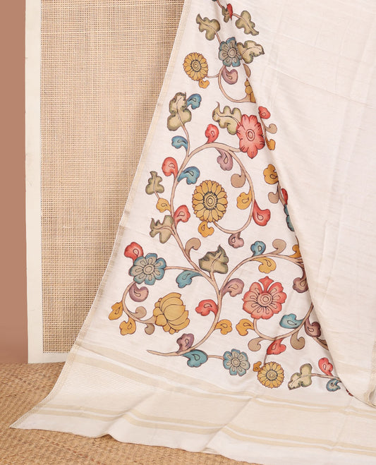 Cream colorful kalamkari-style floral vine printed tussar saree, zari border & pallu of zari stripes