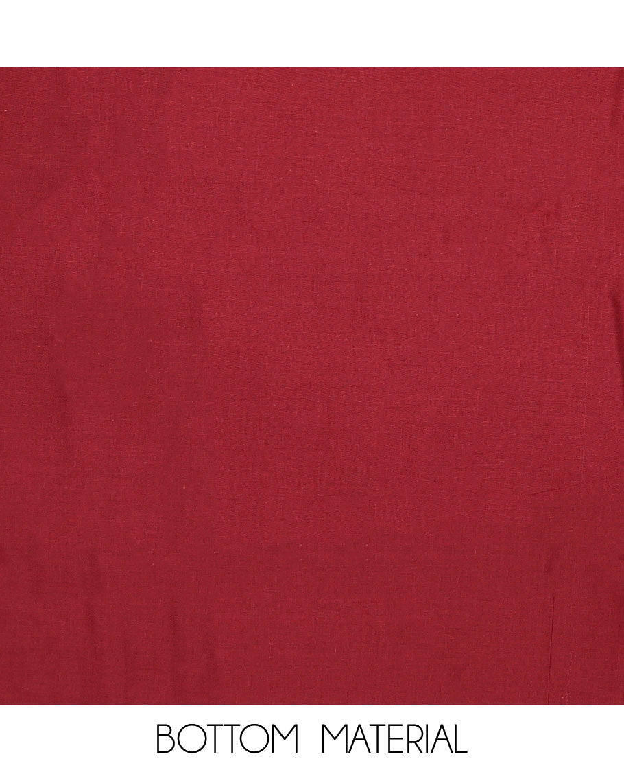 Maroon chudidhar material set, vine printed & embroidered rayon top,plain bottom, & thread embroidered chanderi silk dupatta