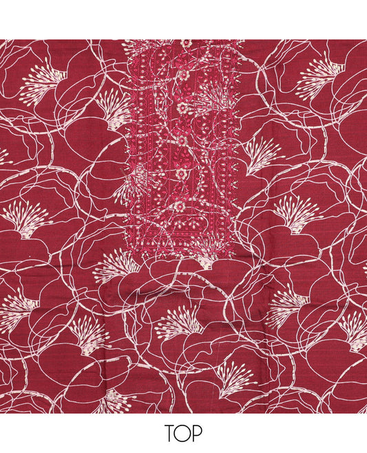 Maroon chudidhar material set, vine printed & embroidered rayon top,plain bottom, & thread embroidered chanderi silk dupatta