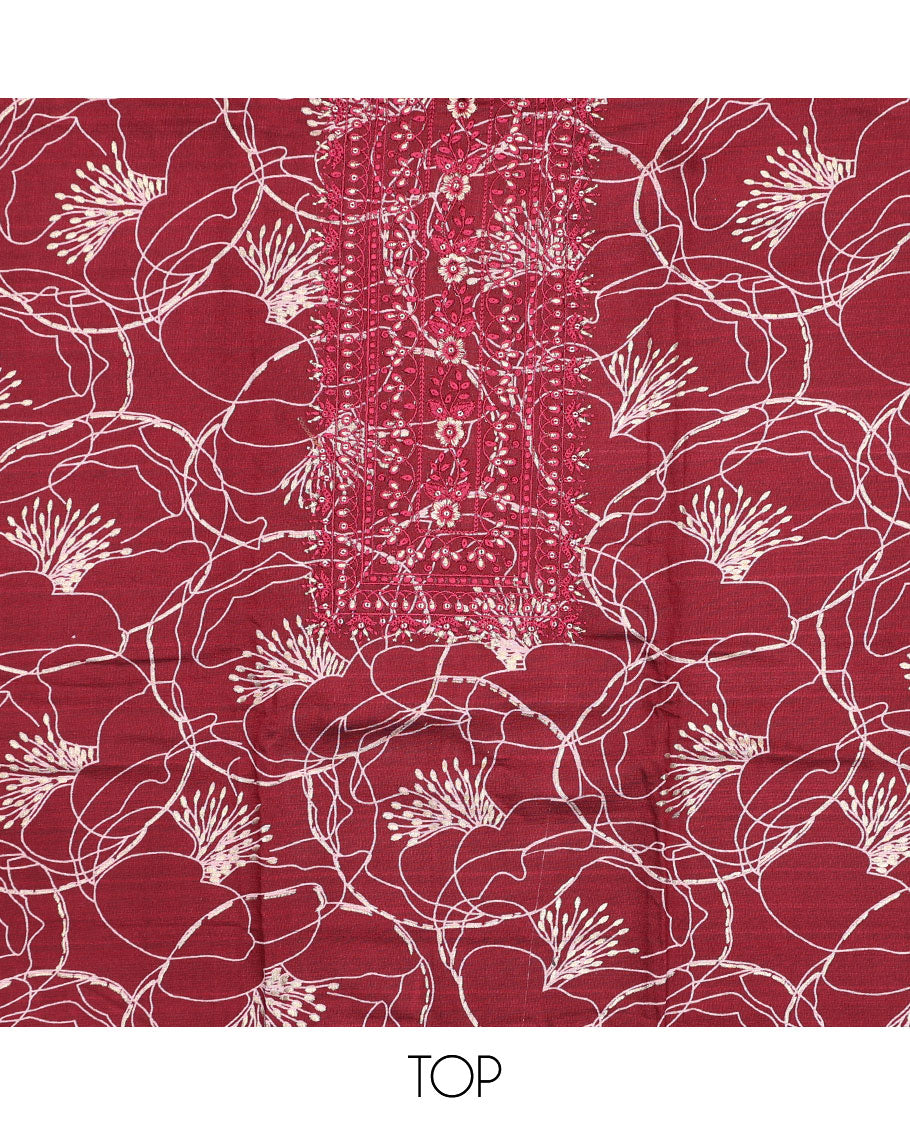 Maroon chudidhar material set, vine printed & embroidered rayon top,plain bottom, & thread embroidered chanderi silk dupatta