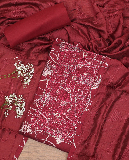 Maroon chudidhar material set, vine printed & embroidered rayon top,plain bottom, & thread embroidered chanderi silk dupatta