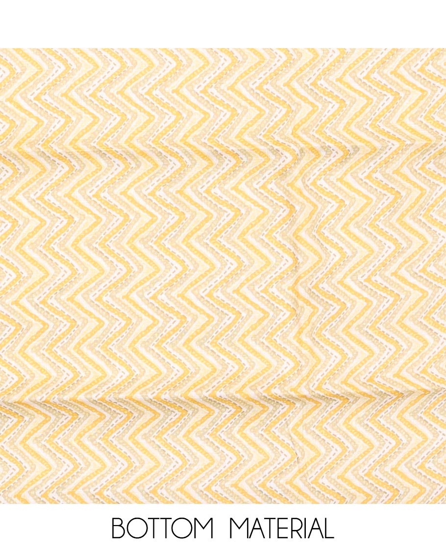 Yellow material churidar set, sunflower motifs printed with button stitched cotton top, contrast chevron printed cotton bottom, and textured chanderi dupatta of sequins stripes