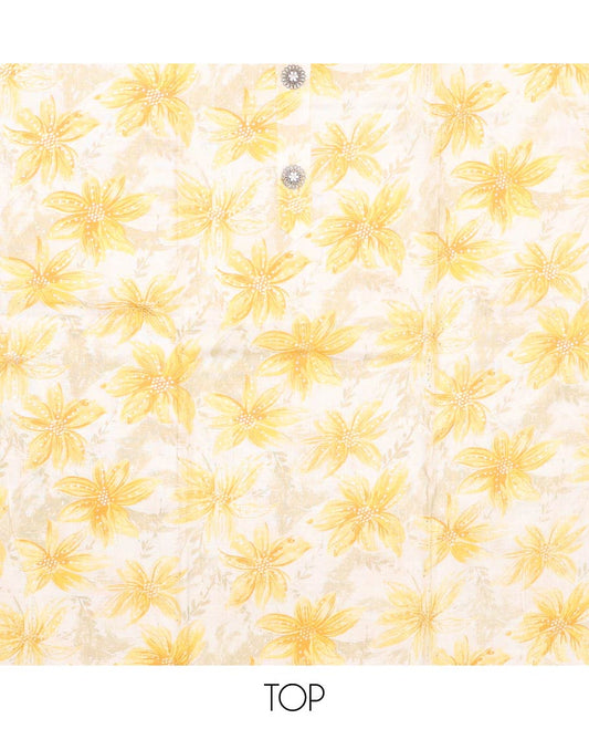 Yellow material churidar set, sunflower motifs printed with button stitched cotton top, contrast chevron printed cotton bottom, and textured chanderi dupatta of sequins stripes