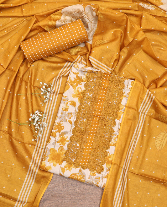 Yellow Material Chudidar Set, Adorned with Floral Motifs Print and Embroidery on Cotton Top, a Polka Dot Printed Cotton Bottom, and Paired with a Floral Printed Cotton Dupatta