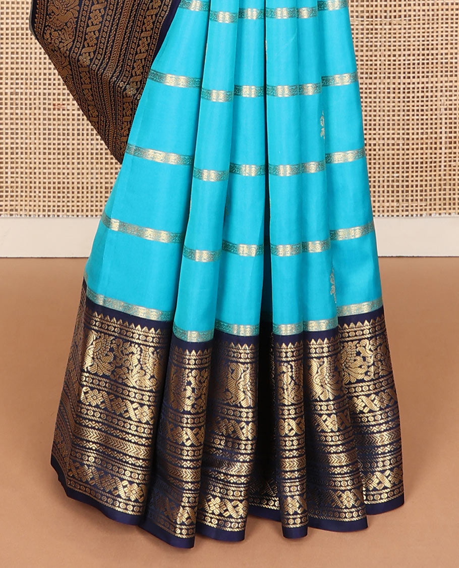 Blue thick zari striped Vasundhara silk mix saree, contrast border of rekku,mayil,neli,kathir & cross kamalam & intricate pallu