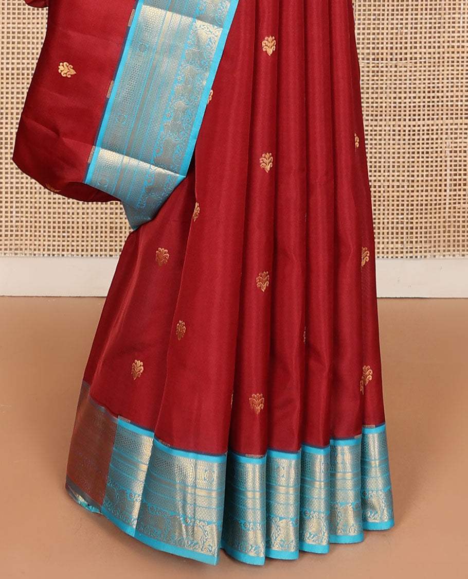 Red zari buttas vasundhara silk mix saree, contrast border & pallu of muthu,kathir, chakram,mayil kann,paiyadi kann & pichwai cow