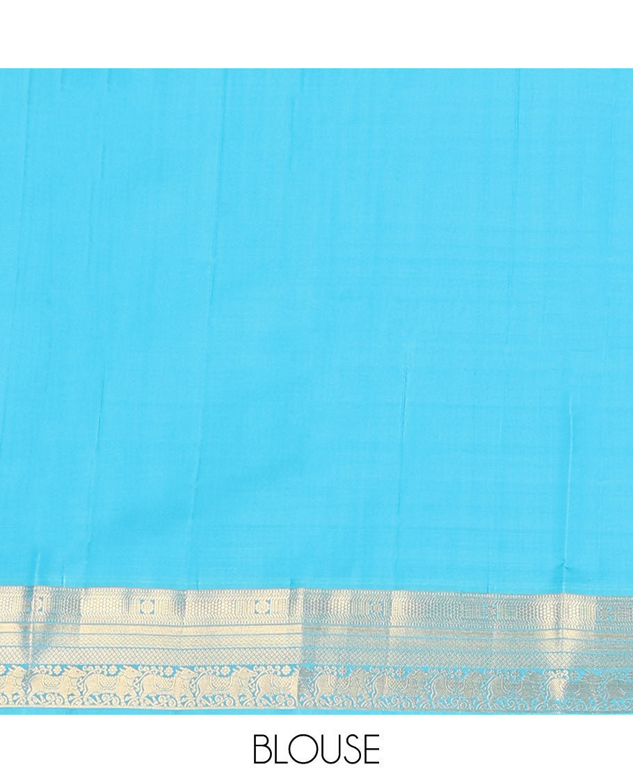 Red zari buttas vasundhara silk mix saree, contrast border & pallu of muthu,kathir, chakram,mayil kann,paiyadi kann & pichwai cow