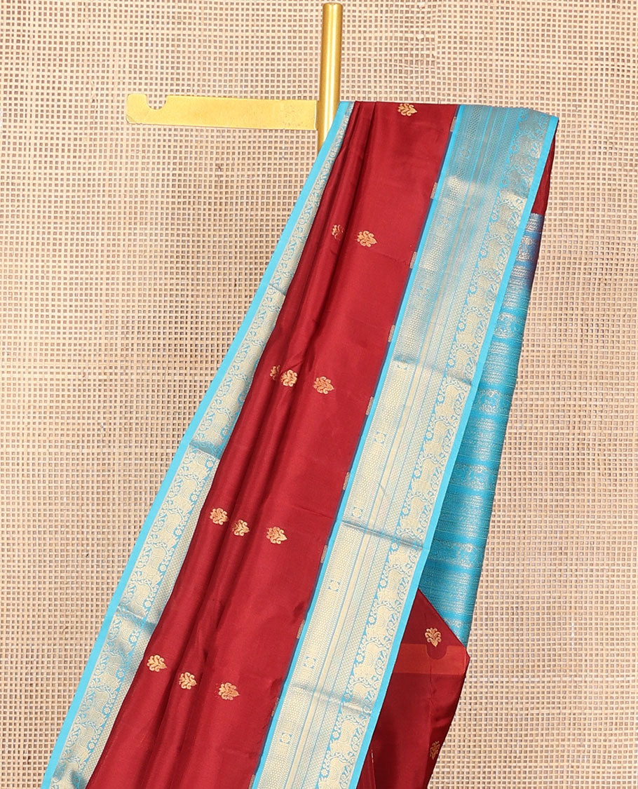 Red zari buttas vasundhara silk mix saree, contrast border & pallu of muthu,kathir, chakram,mayil kann,paiyadi kann & pichwai cow