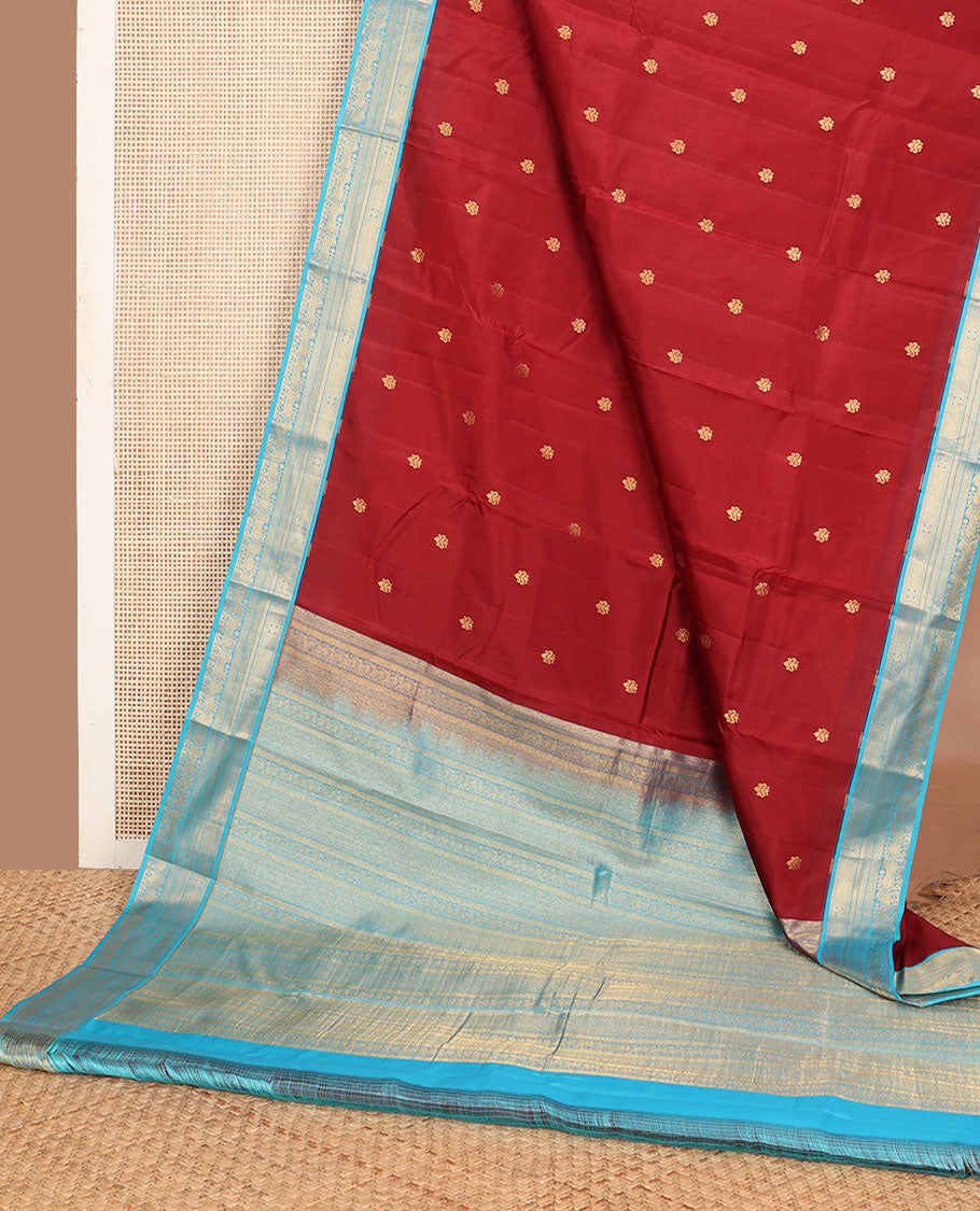 Red zari buttas vasundhara silk mix saree, contrast border & pallu of muthu,kathir, chakram,mayil kann,paiyadi kann & pichwai cow