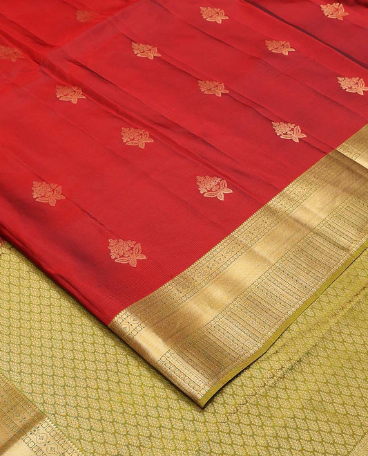 Red zari buttas Vasundhara silk mix saree, contrast border of rekku, poun, mayil kann,  neli, and manga designs, and intricate pallu