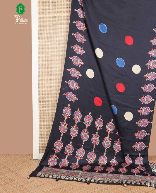 Black ajrackh printed satin crepe saree with ajrackh design border & ajrackh printed pallu along with printed blouse