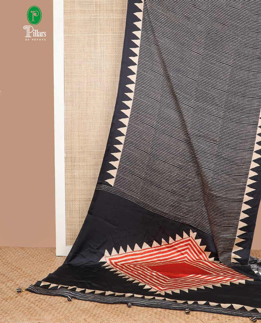 Black striped printed design satin crepe saree with temple border & printec pallu along with printed blouse